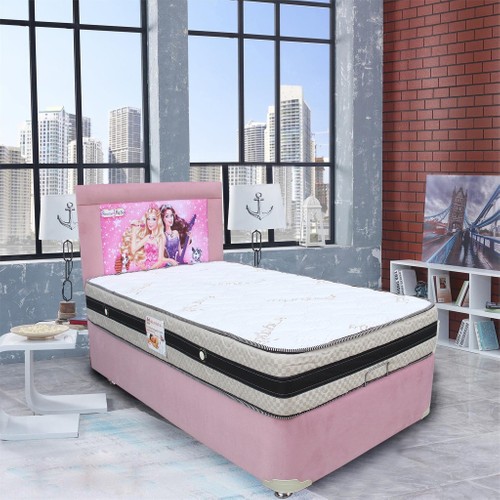 Tek kişilik pembe baza yatak başlık barbie desenli
